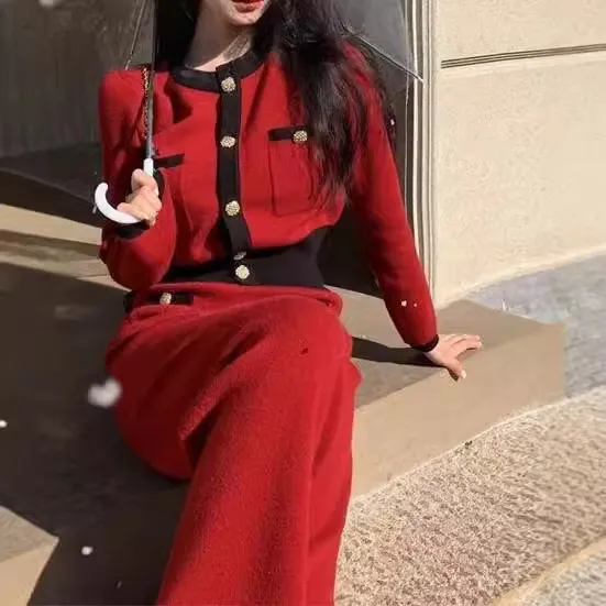 小香风时尚针织两件套秋冬高级感新年圣诞喜庆洋装阔腿套装裤女