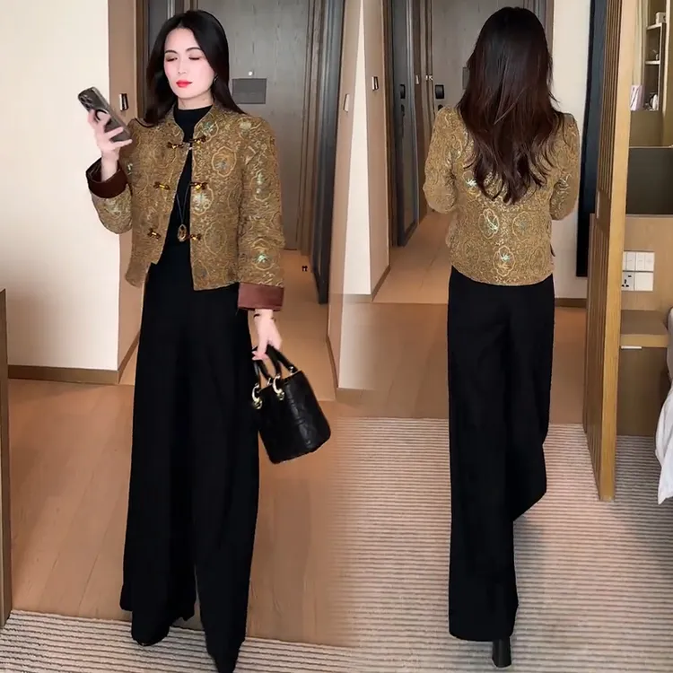 拉夏贝尔时尚新中式国风外套女2025秋冬新款洋气宽松百搭提花上衣