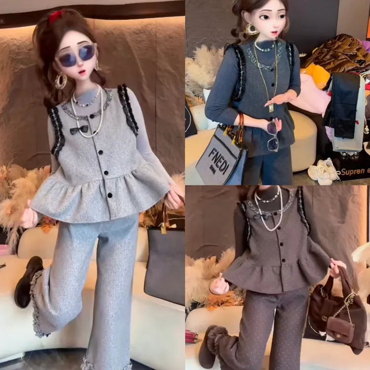 胖妹妹冬季新款韩系时尚减龄马甲打底阔腿裤套装显瘦百搭甜美波点