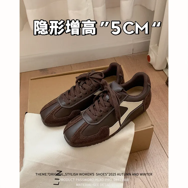 增高5cm~拼色芭蕾德训鞋女2025新款复古棕咖色阿甘鞋内增高运动鞋