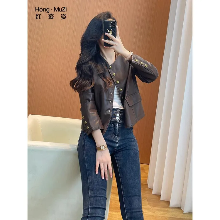 波司断码爆款断码小香风皮衣女款2025新款短款小个子修身显瘦圆领