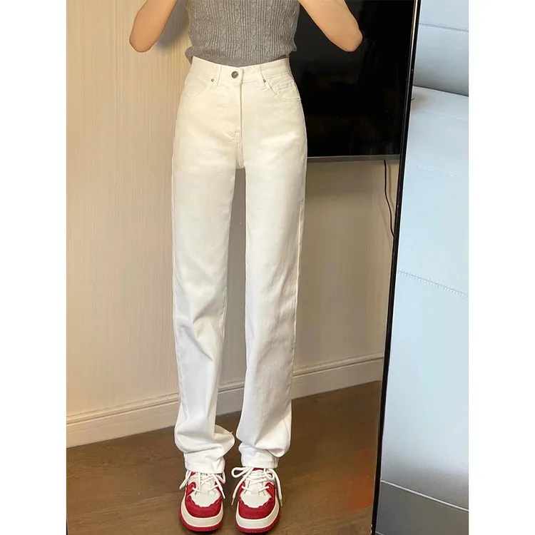 白色直筒高腰牛仔裤女2025年新款春秋窄版修身显瘦弹力烟管拖地裤