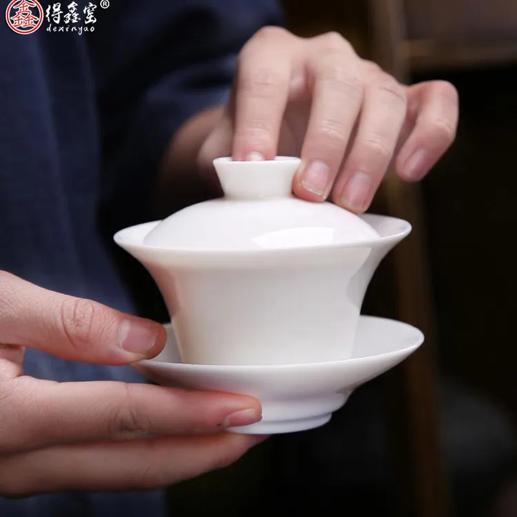 德化羊脂玉中式单个简约盖碗陶瓷大号泡茶器家用功夫茶具三才介杯