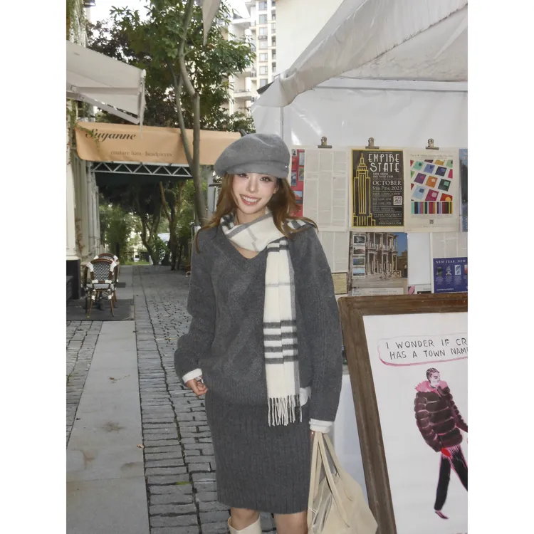 Lekii 日系慵懒毛织上衣百搭显瘦毛织半裙套装KXB90458+KXB90457