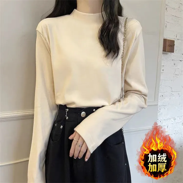 秋冬新款半高领德绒百搭白色打底衫女韩版外穿内搭加厚双面绒长袖