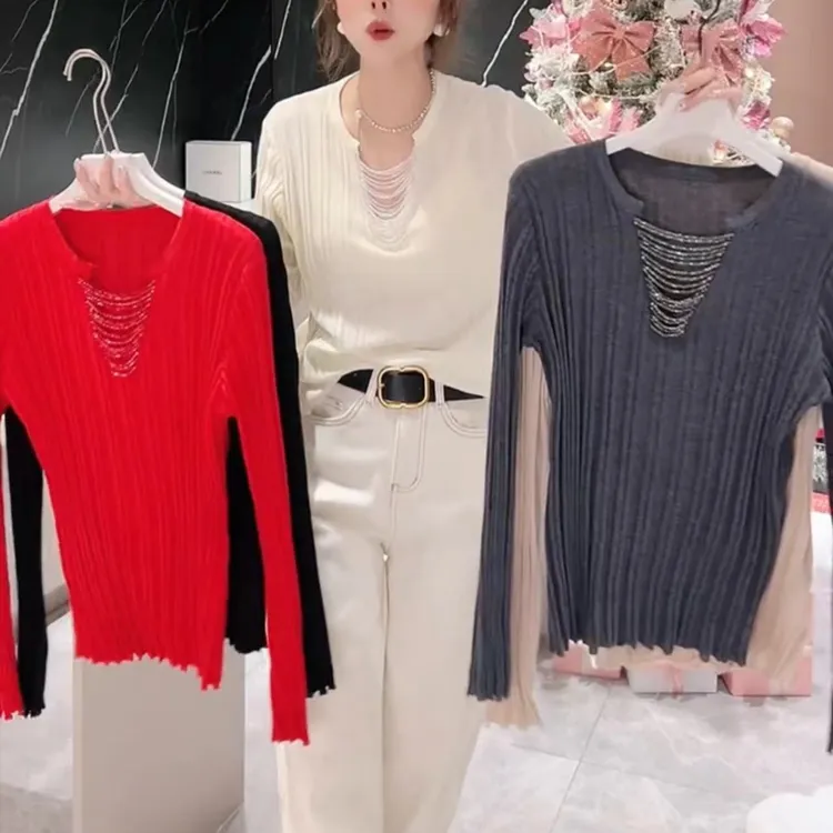 7003新款洋气V领串珠百搭衫