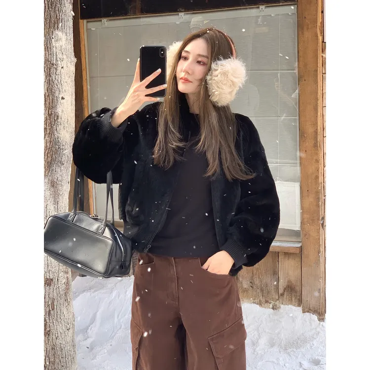 PH《黑天鹅》轻量皮毛一体澳毛卡利亚直毛棒球服时尚皮草外套PH3226