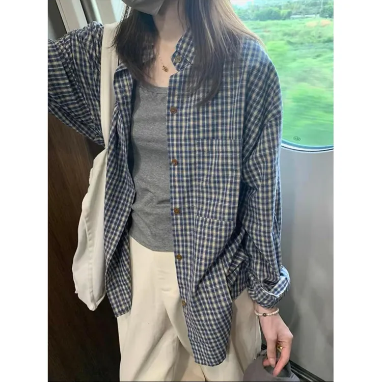 【经典蓝白格子】衬衫男春秋韩版松弛感长袖衬衣休闲宽松设计感外套