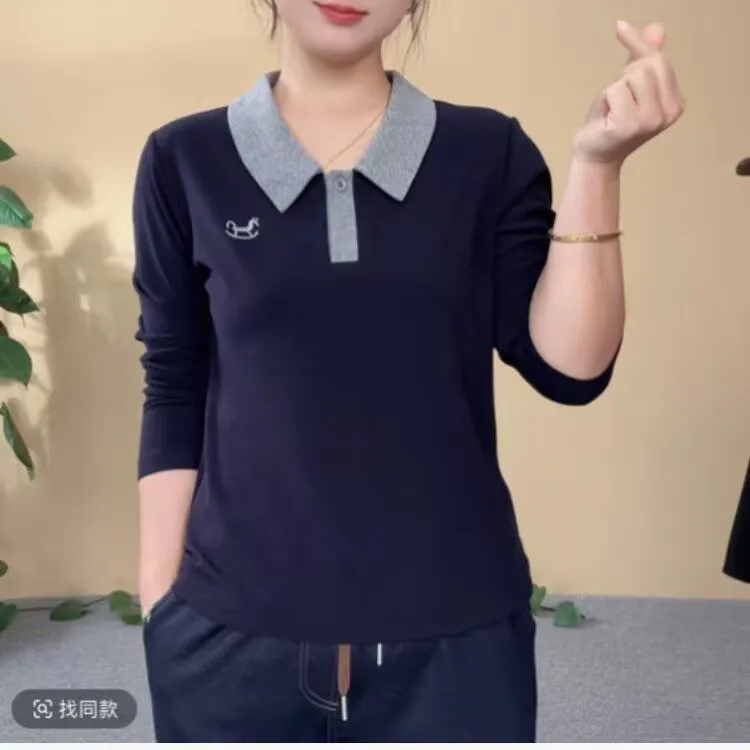 秋季妈妈装减龄长袖衬衫2025新款宽松翻领大码T恤女装打底衫