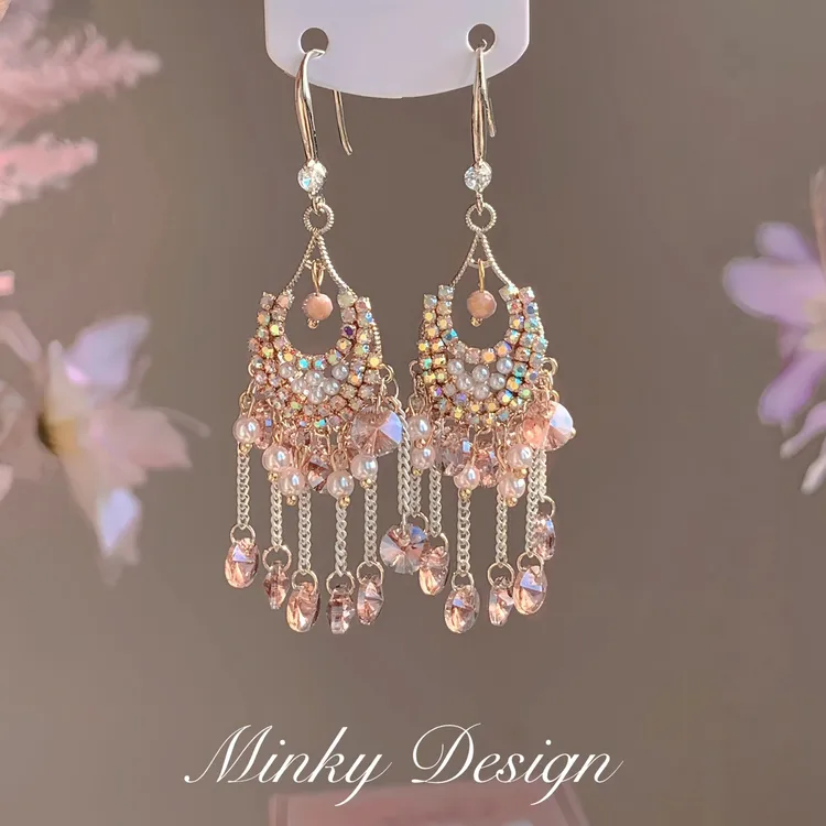 铜合金亚克力耳饰 「许愿池少女」长款气质流苏耳环波西米亚风耳饰