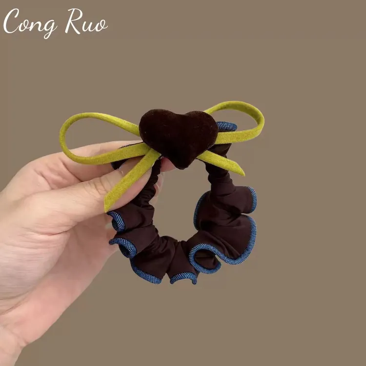 韩系慵懒风丝绒爱心面膜发圈新款扎发头绳小肠圈棕色扎马尾头绳