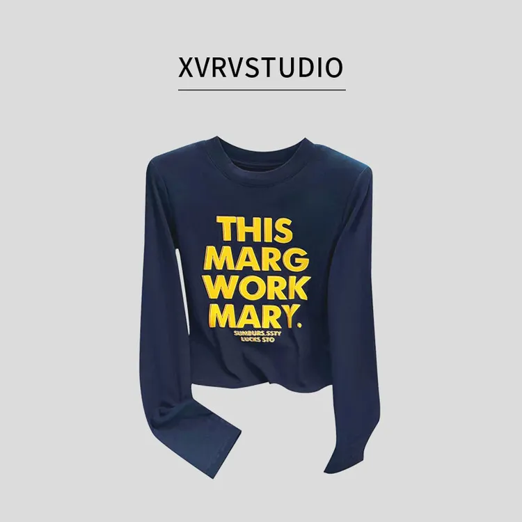 XVRV秋季运动长袖T恤2025新款圆领套头舒适透气修身字母印花上衣