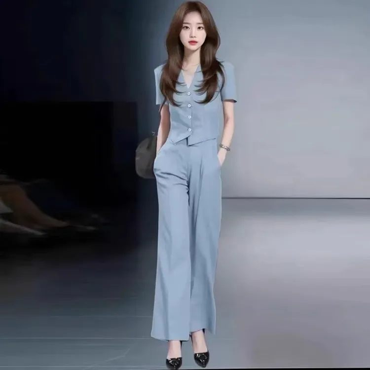 拉夏贝尔时尚套装2025女夏季新款洋气质减龄V领上衣阔腿裤两件套