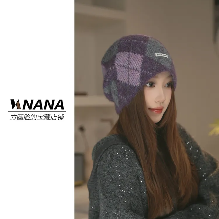 原创工艺款 羊毛混纺 费尔岛风加绒秋冬堆堆帽菱格拼接冷帽女帽子
