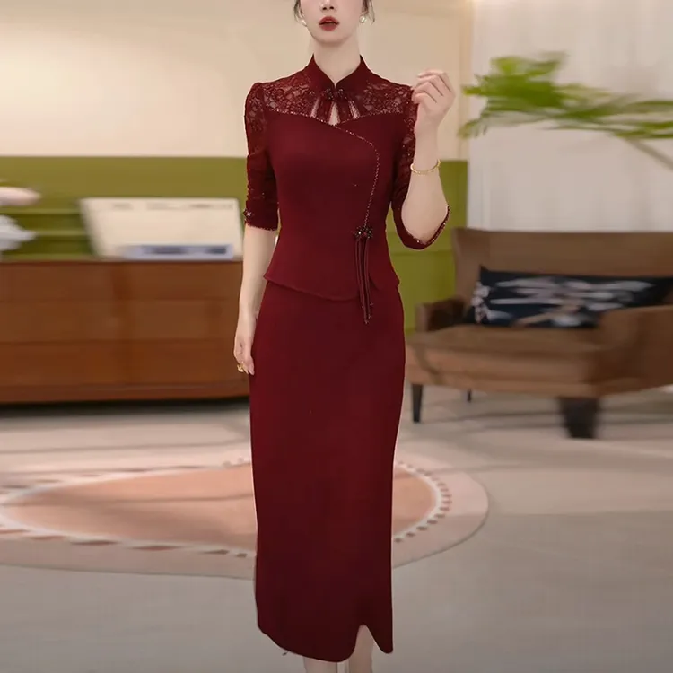 斜纹精纺新中式国风婚宴礼服2025秋季新款长袖红色假两件连衣裙子