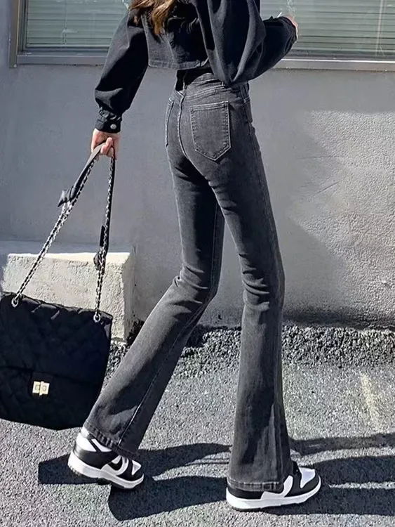 【旧梦】803灰色加绒加厚牛仔裤女秋冬新款微喇高腰宽松百搭长裤