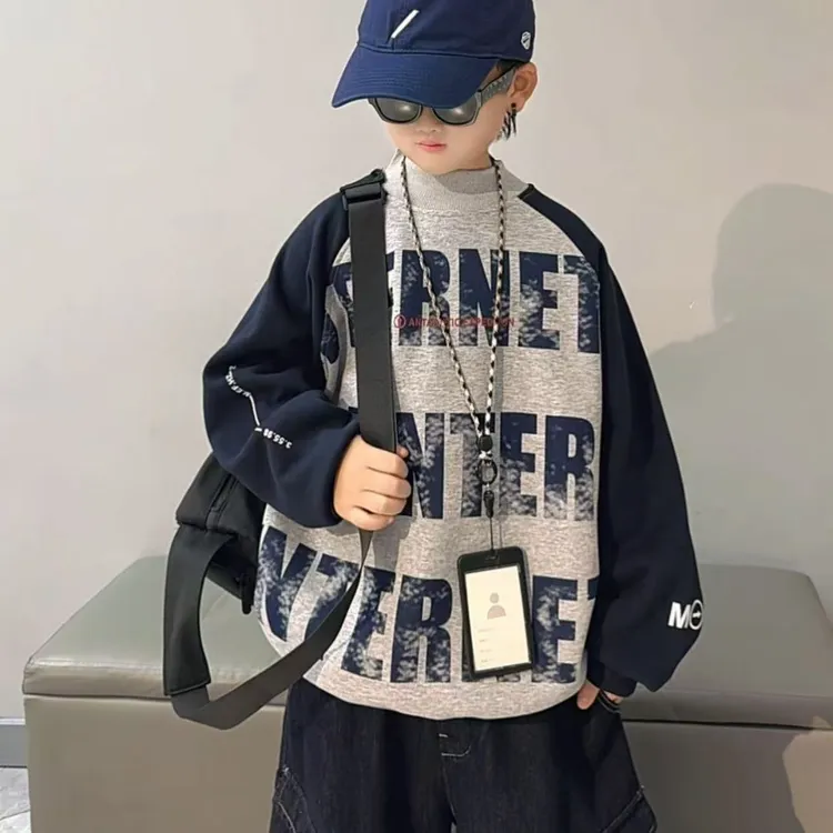加绒——儿童保暖卫衣印花休闲纯色宽松男童卫衣字母常规中大童长袖