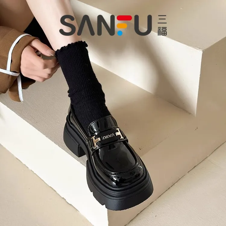 三福厚底乐福鞋女春季2025新款复古粗跟单鞋百搭增高英伦风小皮鞋