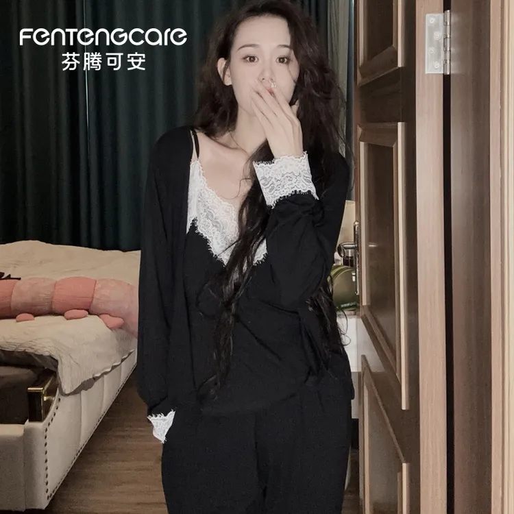 芬腾可安【带胸垫】睡衣女三件套春秋季性感吊带蕾丝V领纯欲家居服