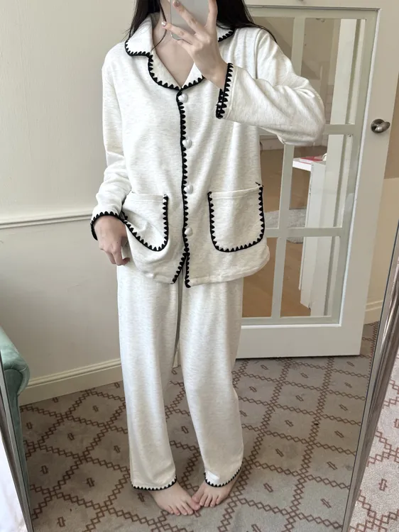 韩系简约慵懒睡衣女秋冬季保暖双面磨毛贝壳绣家居服套装可外穿