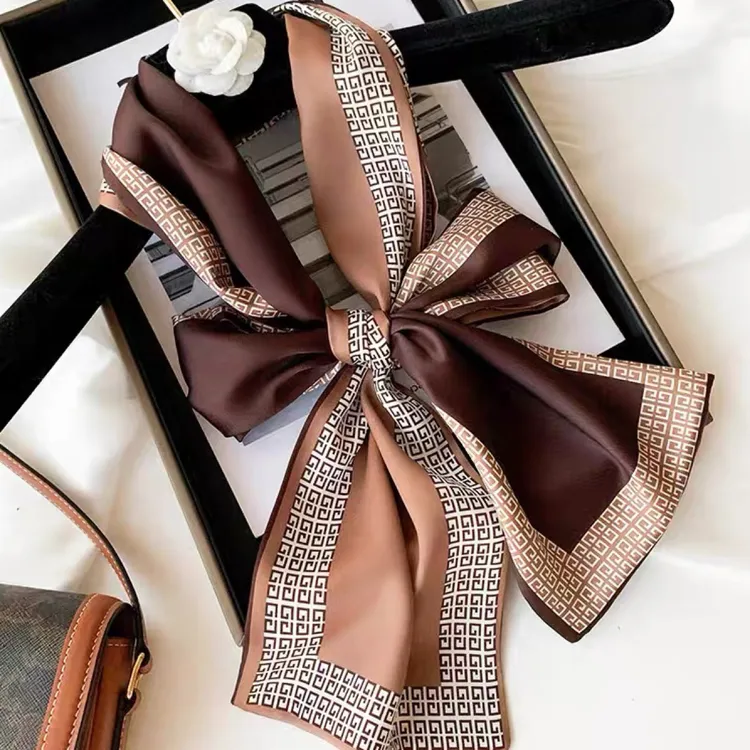 拼色咖啡高级感 仿真丝双面异色长条飘带丝巾 145x16cm