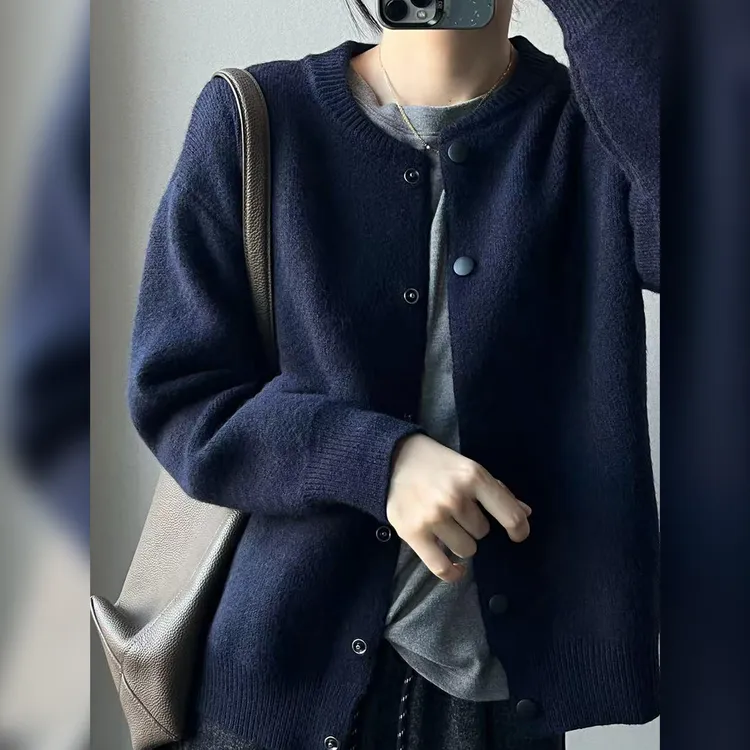 春秋老钱风宽松休闲圆领针织开衫外套女时尚百搭毛衣外套气质上衣