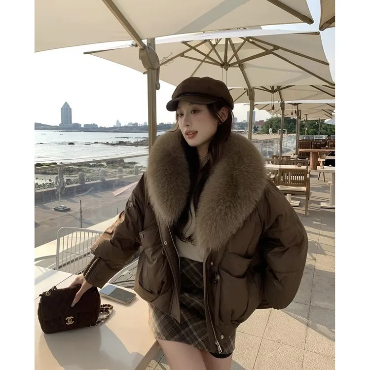 2025冬季新款反季棉服女短款洋气减龄宽松棉衣女超大毛领加厚棉袄