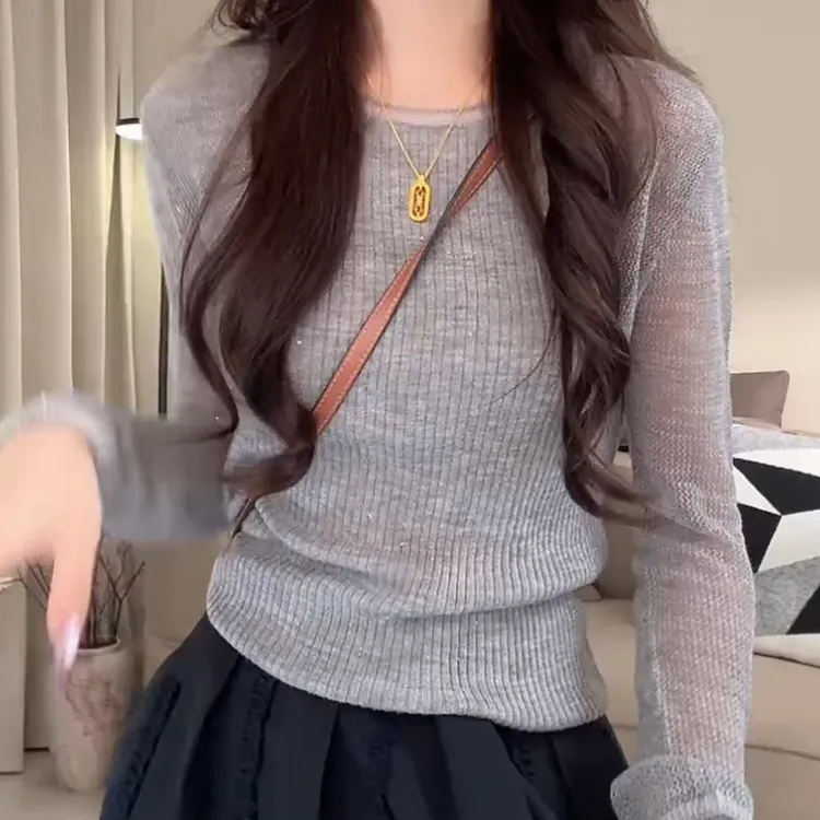 早秋新款镂空气质长袖修身显瘦圆领针织打底衫上衣女毛衫显瘦