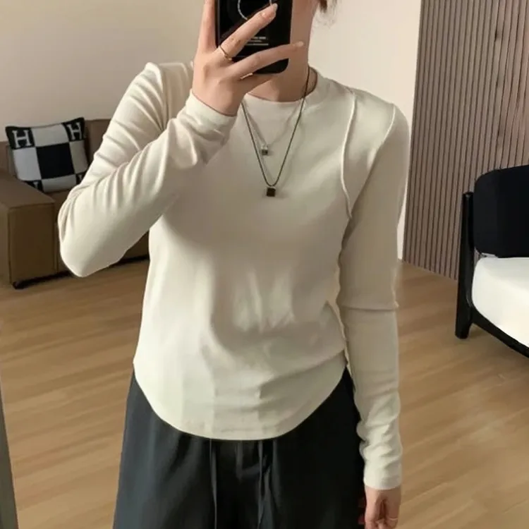 大码女装长袖百搭女不规则圆领打底衫秋冬内搭方领长袖T恤#3918