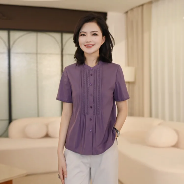 枫竺阿楠anan 紫色立领蕾丝花边短袖衬衣女夏季新款通勤衬衫上衣