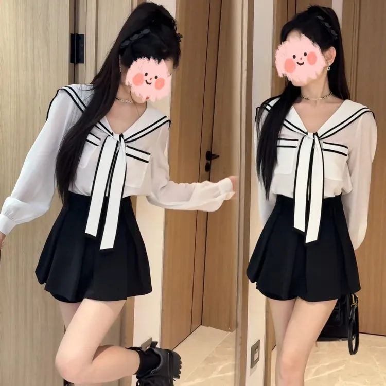 早秋学院风衬衫女2025韩系纯欲气质海军领衬衣洋气百搭显瘦半身裙