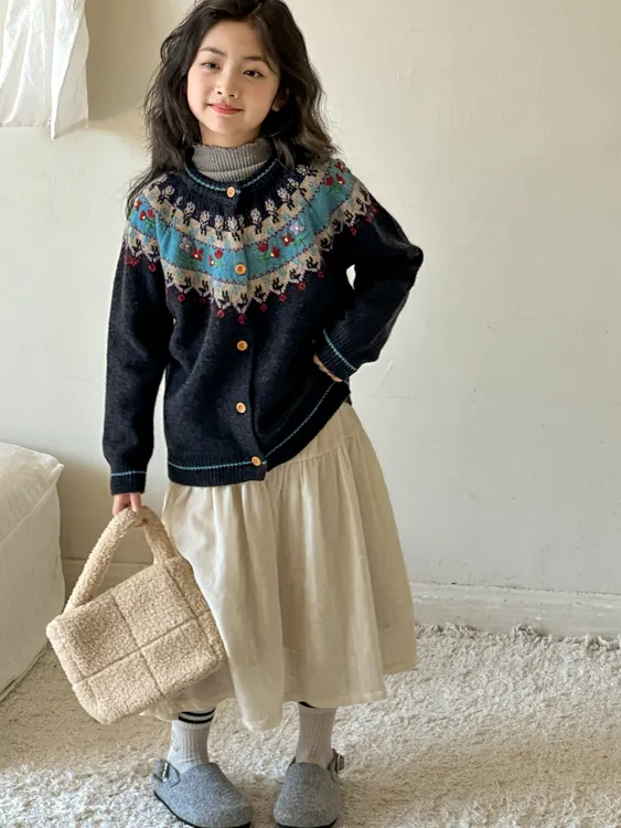 女童毛衣2025秋季新款费尔岛儿童洋气针织开衫外套秋装女大童上衣