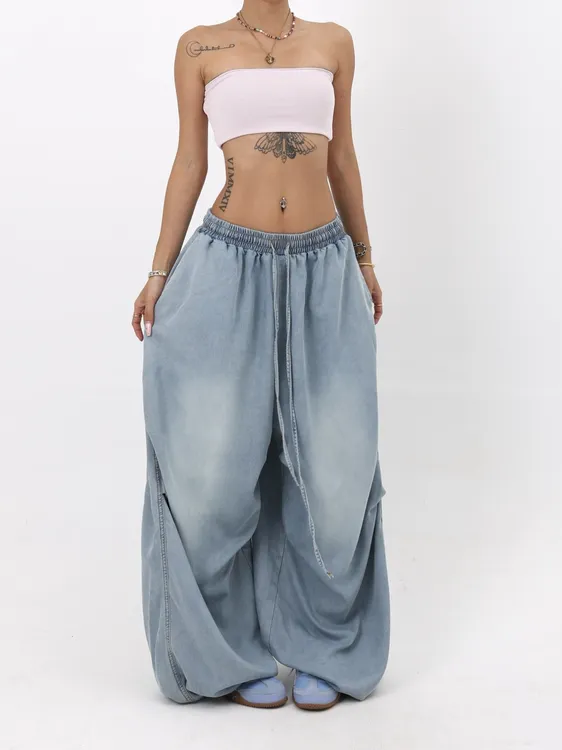 美式辣妹水洗超大版型天丝牛仔裤女秋季薄款垂感跳舞宽松休闲裤子