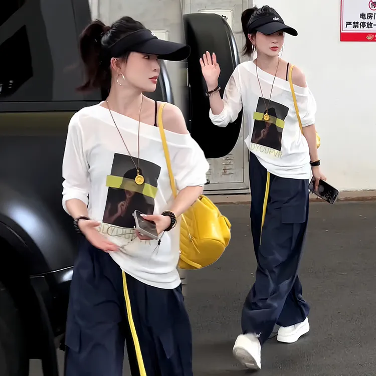 休闲洋气简约套装女2025年夏季新款减龄气质显瘦t恤阔腿裤两件套