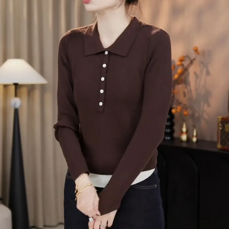 2025早秋新款百搭翻领假两件软糯撞色设计感针织衫LK2505681