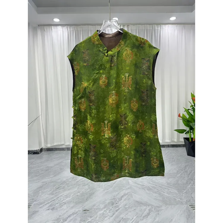 358新中式印染斜襟提花短袖无袖上衣老料百搭复古