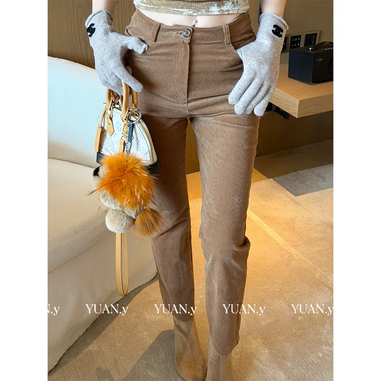 媛媛【山城柔光】棕色牛仔裤女秋冬新款高腰修身直筒九分裤子#K1233