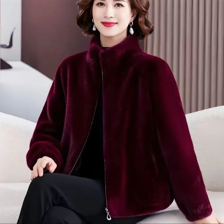 洋气拉链宽松型短外套立领韩版女秋冬冬季常规大码毛毛外套