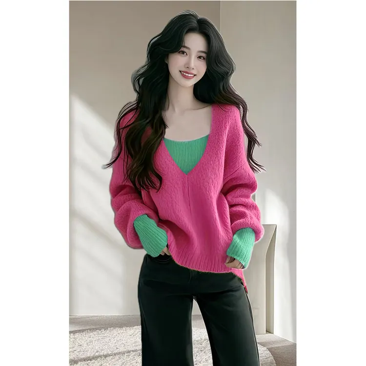 2024冬季时尚漂亮慵懒高级感宽松玫红色上衣v领假两件针织毛衣女