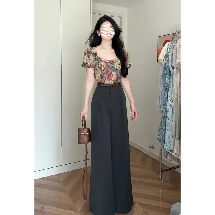 2025夏季新款法式复古方口领碎花修身泡泡袖上衣高腰显瘦阔腿长裤