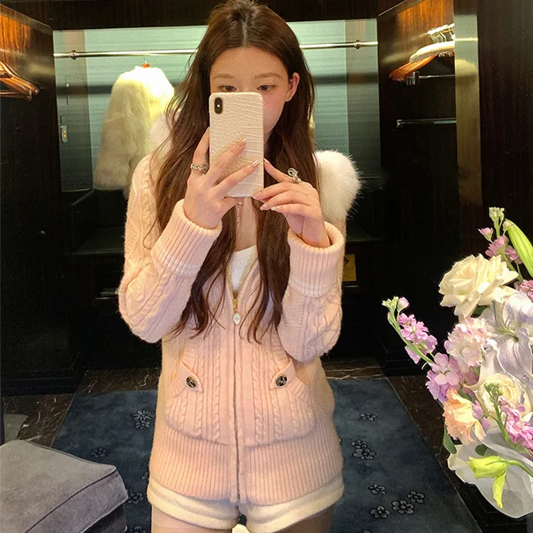 秋冬古早温柔风气质环保毛毛领连帽绞花拉链修身显瘦针织毛衣外套