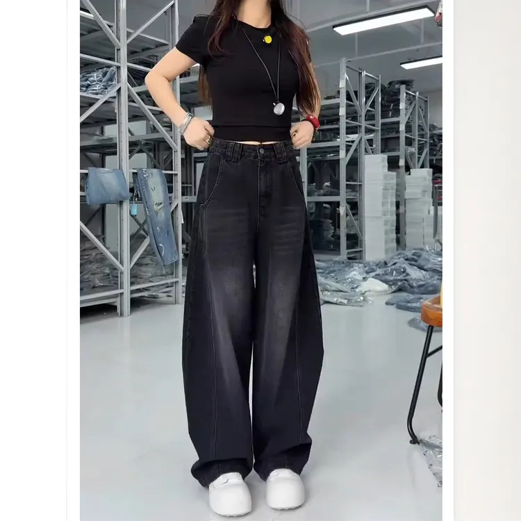 黑色阔腿弯刀牛仔裤子女2025秋季新款梨型身材高腰宽松显瘦堆堆裤