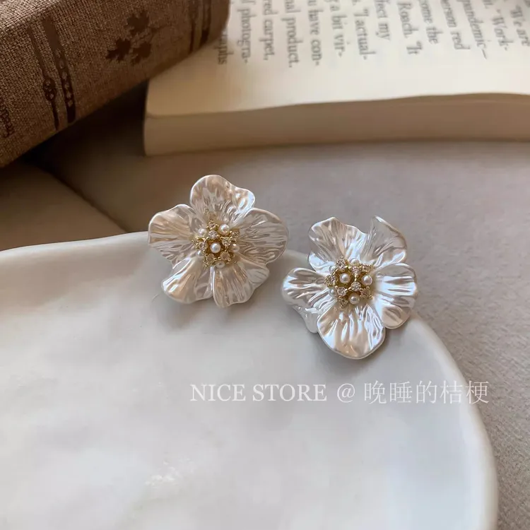 合金耳饰 晚睡的桔梗「云蔷薇」山茶花耳钉洋气优雅耳饰