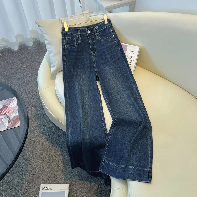 拉夏贝尔蓝色高腰直筒阔腿牛仔裤女2025春秋季a版大裤脚拖地裤子