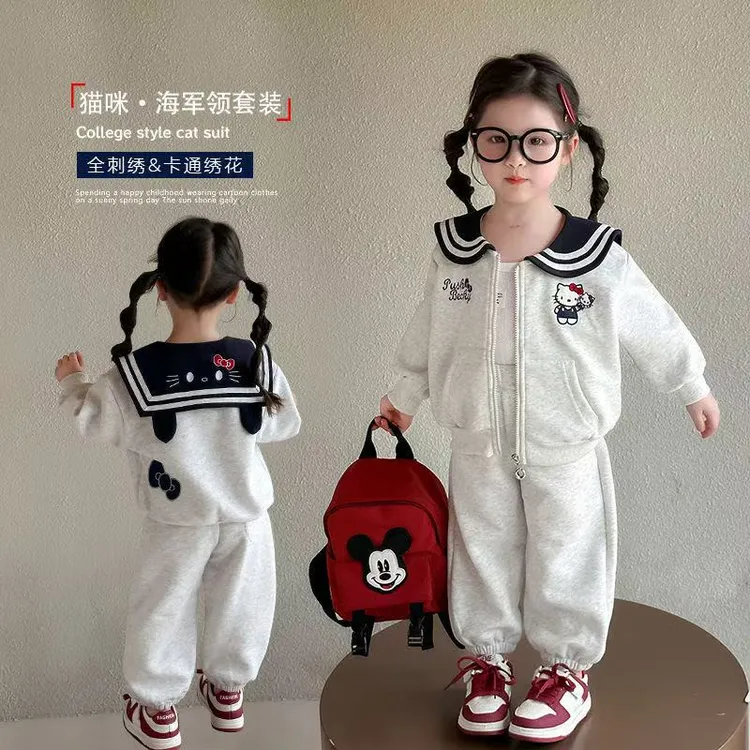 女童套装2025新款儿童休闲两件套超萌爆款开春猫咪海军领套装