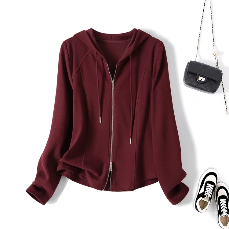 2026春季大码安可拉红减龄连帽卫衣女设计感双拉链开衫上衣63711