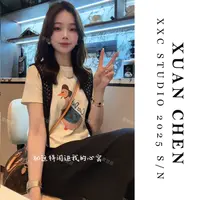 【可爱鸭】女生韩系ins衣服秋季百搭卡通印花正肩T恤高级感女装8737