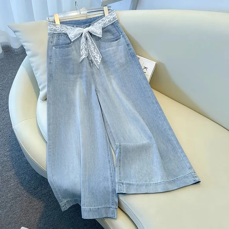 夏季薄款浅蓝色七分牛仔裤女2025新款高腰时尚气质宽松显瘦阔腿裤