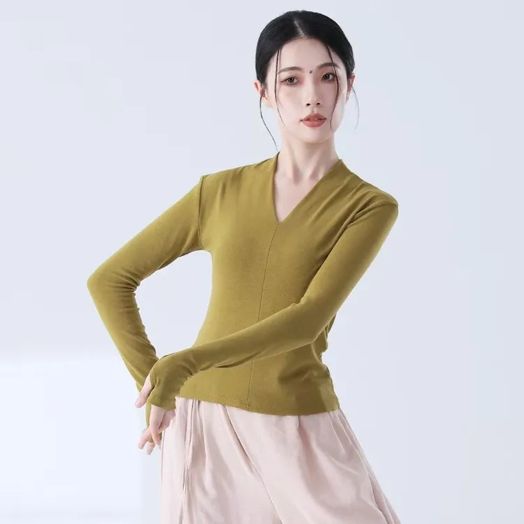 现代舞蹈形体基训练功服显瘦气质V领长袖套指中国古典舞修身上衣