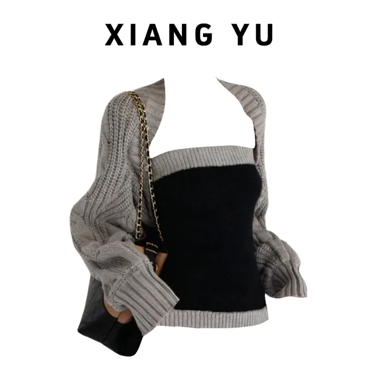 秋冬新款简约拼接撞色抹胸背心叠穿针织开衫毛衣外套女两件套